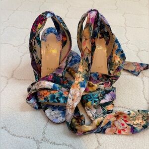 Christian Louboutin Floral Ankle Wrap Heels | Size 39.5 | Red Sole